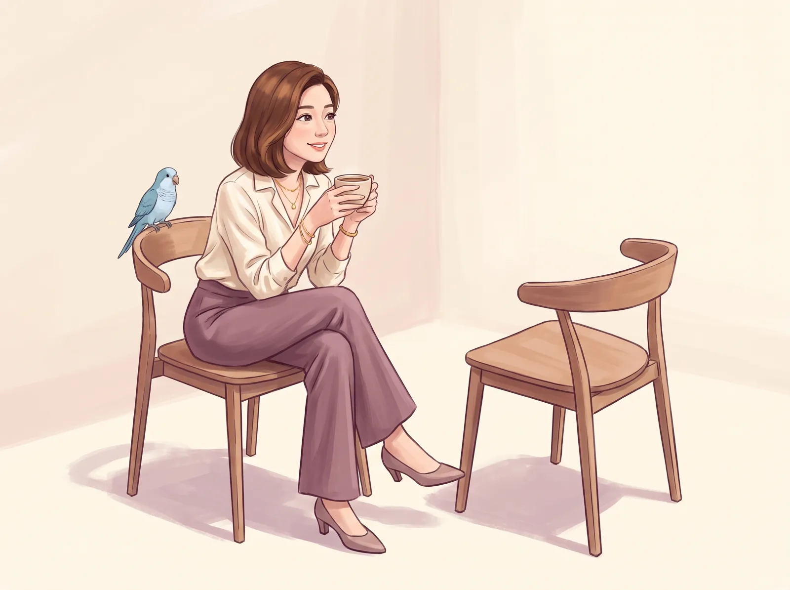 創辦人坐在椅子上捧著咖啡，轉向另一張空椅子準備傾聽，椅背上站著藍色和尚鸚鵡