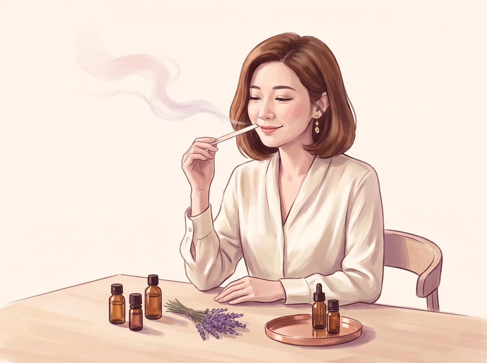 創辦人輕嗅聞香紙,桌上放著精油瓶與乾燥薰衣草