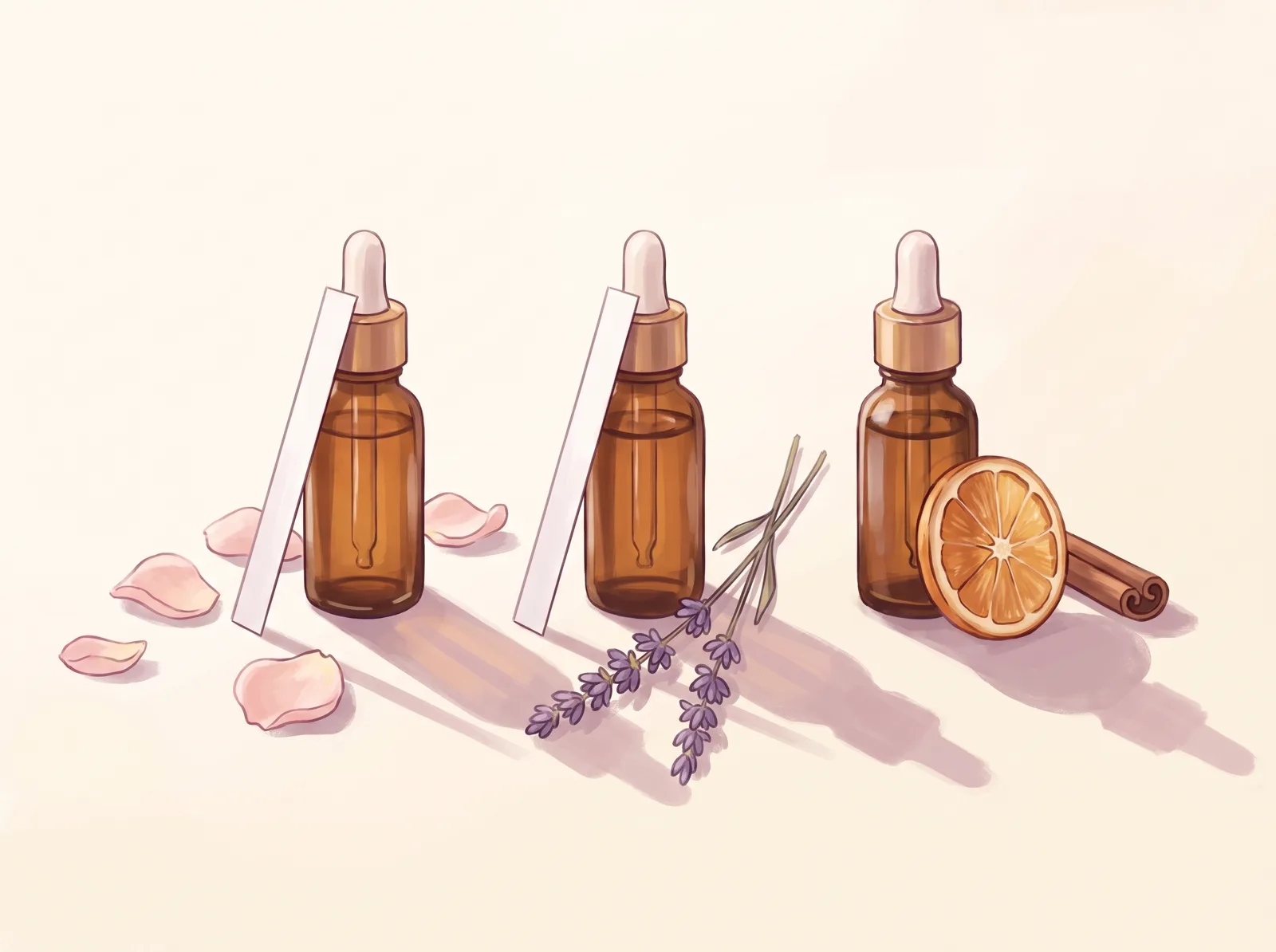 三支精油瓶,旁邊各放著玫瑰花瓣、薰衣草、柳橙與肉桂