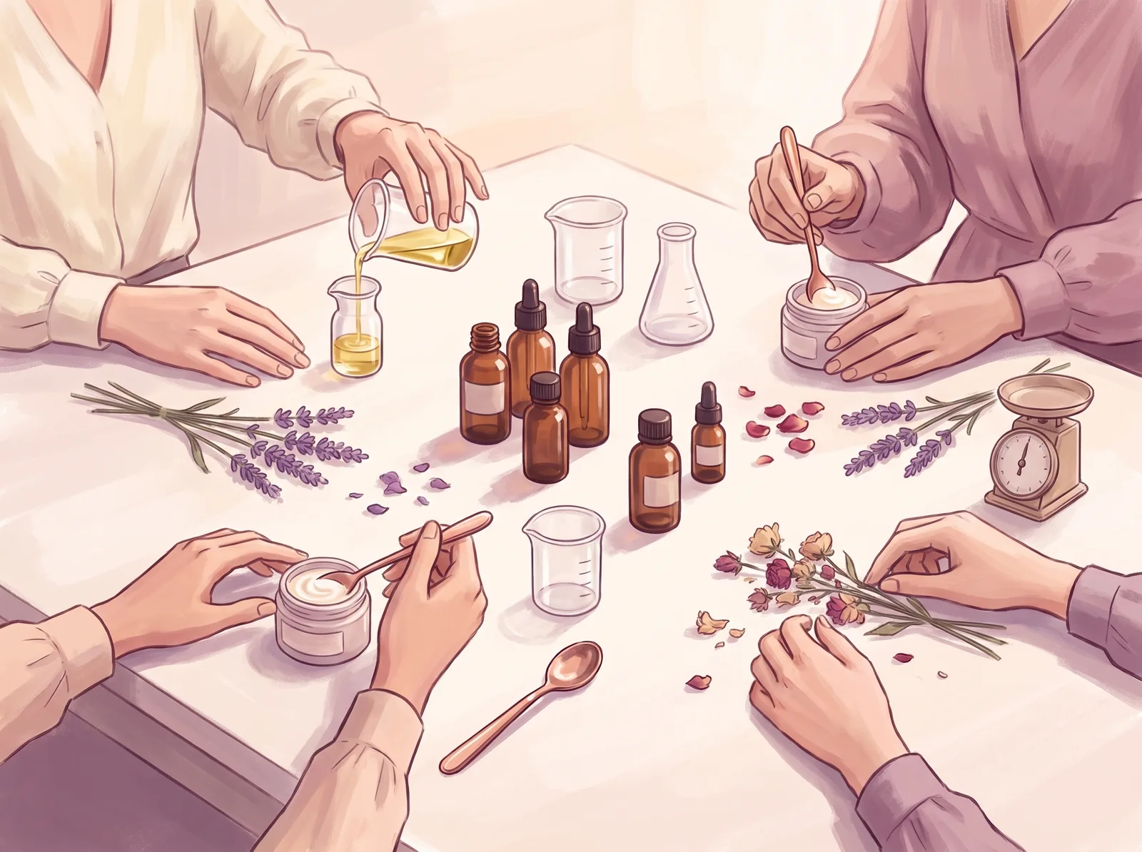 芳療工作坊裡,大家一起動手調配
