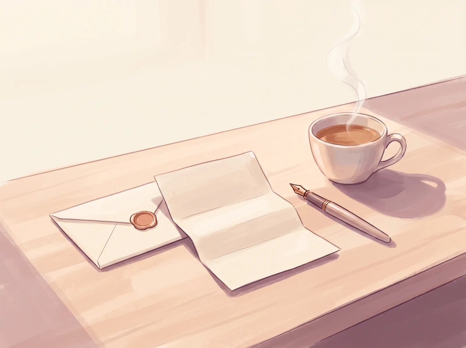 桌上的信封、信紙、鋼筆和一杯熱茶