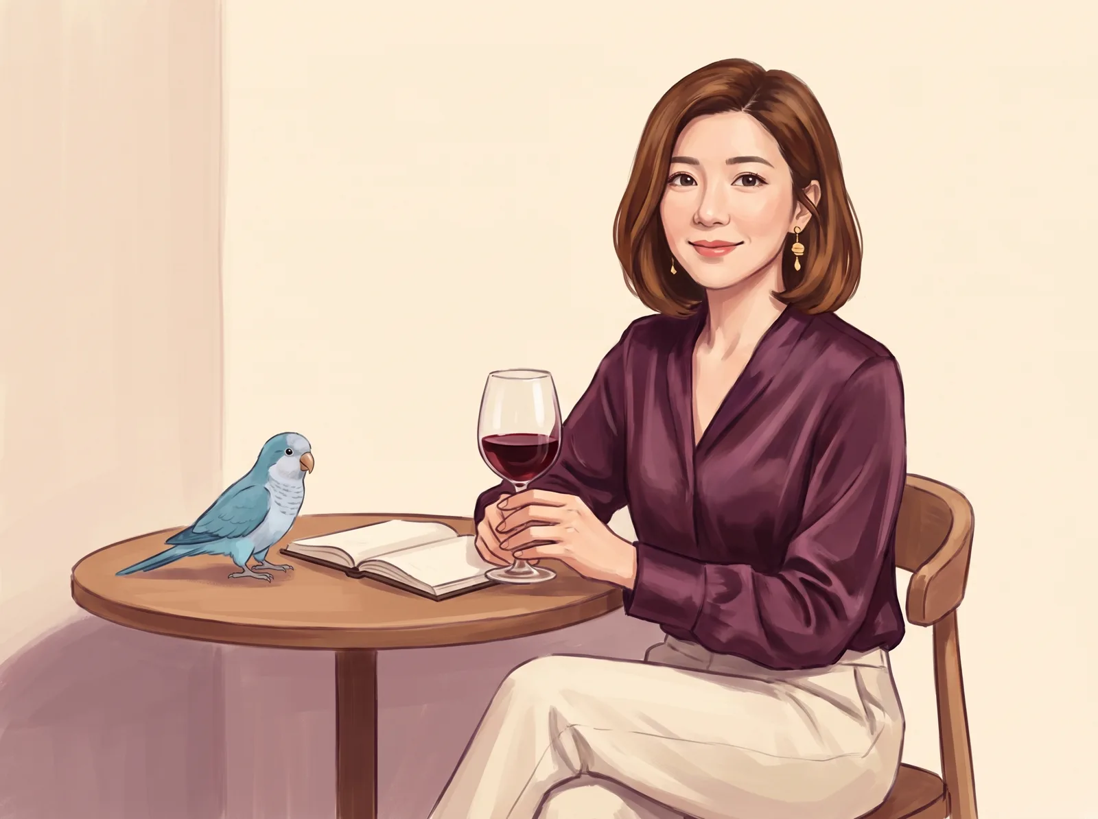 創辦人手拿紅酒，桌上有筆記本和藍色和尚鸚鵡
