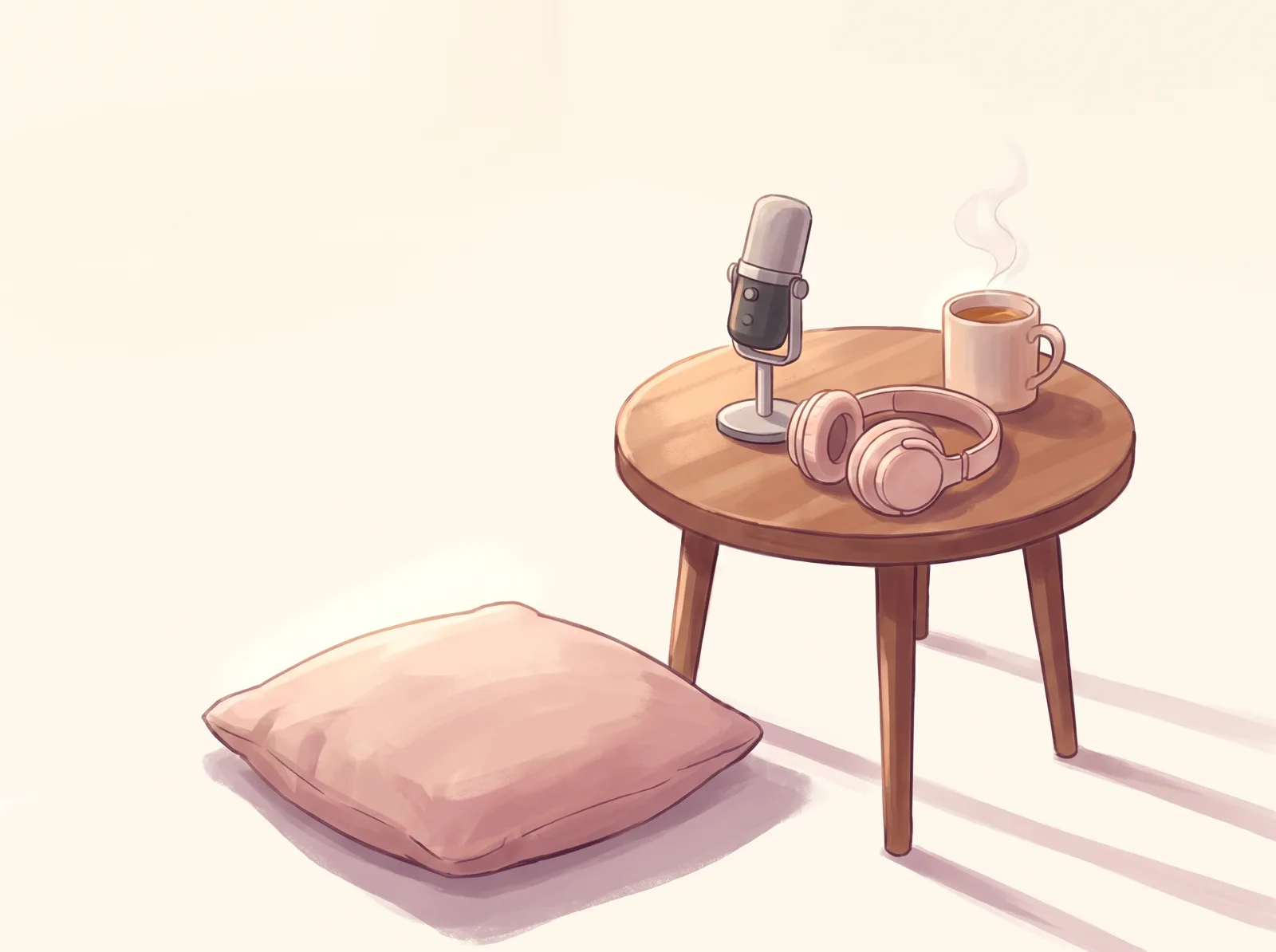 小桌上的麥克風、耳機和一杯熱茶
