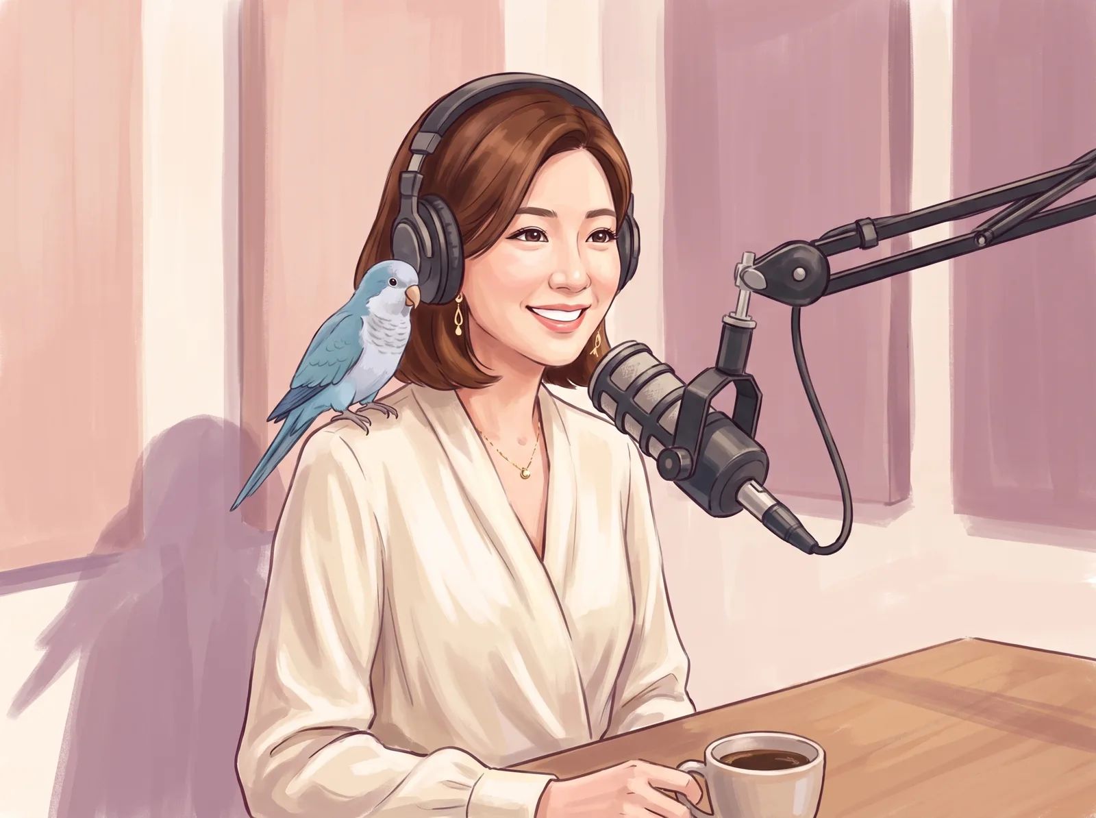 創辦人在錄音室錄 Podcast,肩上站著藍色和尚鸚鵡(插畫)